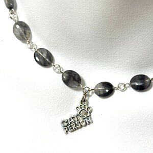 Genuine Grey Tourmalinated Quartz Short Necklace,Gemstone & Cat Person Paw Print